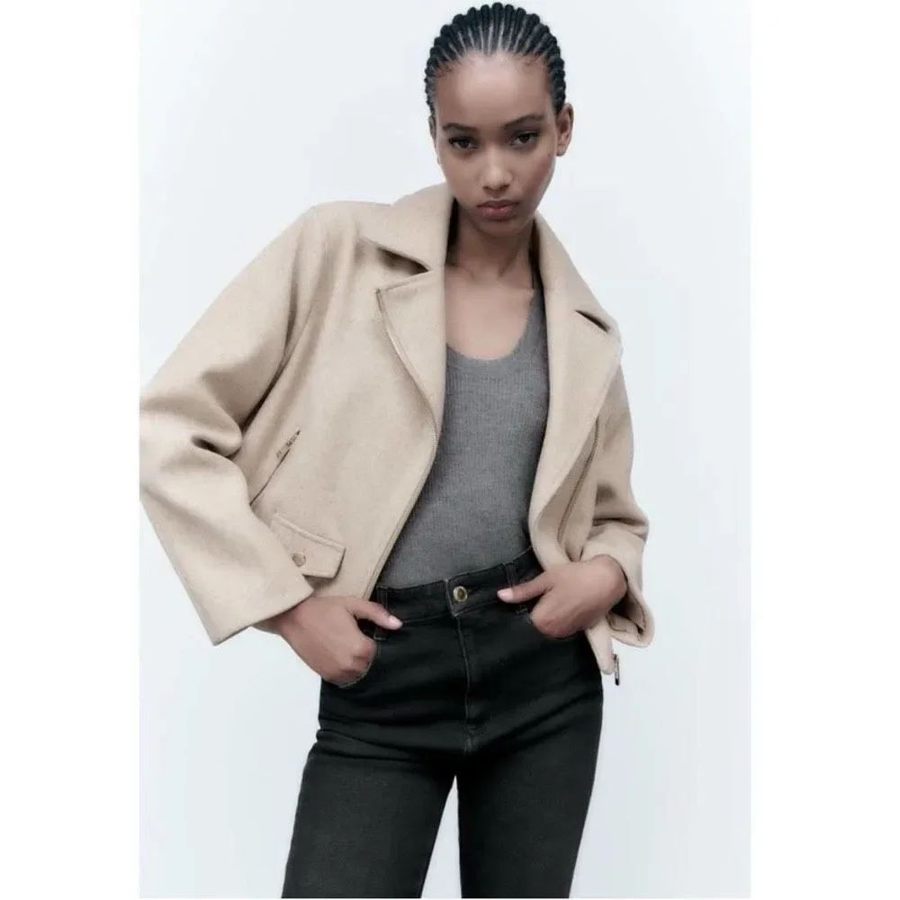 ZARA Soft Lapel Collar Crossover Asymmetric Moto Jacket Size S Camel